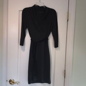 Grey wool, 3/4 sleeve sweater dress w/ belt